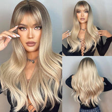 Load image into Gallery viewer, Long Womens Wigs with Bangs Ombre Brown Platinum Blonde Wigs Side Part Synthetic Wavy Wigs Women Cosplay Party Wigs For Black Women Cosplay Wigs For Women
