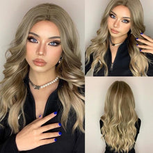 Load image into Gallery viewer, Long Womens Wigs with Bangs Ombre Brown Platinum Blonde Wigs Side Part Synthetic Wavy Wigs Women Cosplay Party Wigs For Black Women Cosplay Wigs For Women