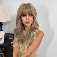 Load image into Gallery viewer, Long Womens Wigs with Bangs Ombre Brown Platinum Blonde Wigs Side Part Synthetic Wavy Wigs Women Cosplay Party Wigs For Black Women Cosplay Wigs For Women