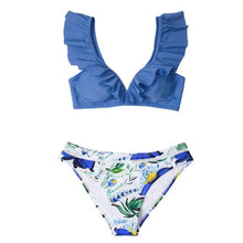 Load image into Gallery viewer, Low-waist Bikinis Set Swimwear Women Swimsuits Bathing Suit Orange Floral Ruffled Bikini Beachwear Bikini Swimsuits Ruffle Floral Two Piece Bathing Suits Printed Halter Neck Swimwear Beachwear