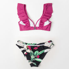 Load image into Gallery viewer, Low-waist Bikinis Set Swimwear Women Swimsuits Bathing Suit Orange Floral Ruffled Bikini Beachwear Bikini Swimsuits Ruffle Floral Two Piece Bathing Suits Printed Halter Neck Swimwear Beachwear