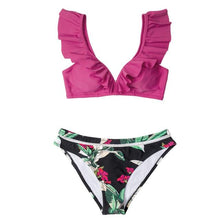 Load image into Gallery viewer, Low-waist Bikinis Set Swimwear Women Swimsuits Bathing Suit Orange Floral Ruffled Bikini Beachwear Bikini Swimsuits Ruffle Floral Two Piece Bathing Suits Printed Halter Neck Swimwear Beachwear
