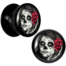 Load image into Gallery viewer, Black Acrylic Katrina Sugar Skull with Rose Flower Saddle Plug Set 0G