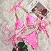 Load image into Gallery viewer, Luxury Diamond Bikini Halter Push Up Swimwear Women's Beach Bikini Crystal Side Bottom Triangle Bikini Halter Swimsuits Women Swimsuit Female Strappy Bikini Set Summer Party Bathing Suit Beachwear