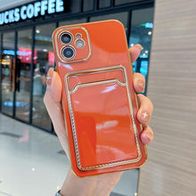 Load image into Gallery viewer, Luxury Gold Plating Phone Case With Card Slot For iphone 13 Pro 12 11 Pro MAX XS XR XS MAX Luxury Black Orange Phone Cover Back Case with Golden Frame Case for iPhone