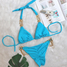 Load image into Gallery viewer, Luxury Purple Halter Crystal Diamond Bikini Female Swimsuit Women Swimwear Rhinestone Bikini Set Bathing Suit Women's Swimwear Rhinestone Halter Low Waist Tie Side Bikini Set 2 Pieces Crystal Diamond Swimsuit