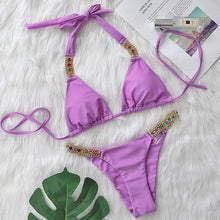 Load image into Gallery viewer, Luxury Purple Halter Crystal Diamond Bikini Female Swimsuit Women Swimwear Rhinestone Bikini Set Bathing Suit Women's Swimwear Rhinestone Halter Low Waist Tie Side Bikini Set 2 Pieces Crystal Diamond Swimsuit
