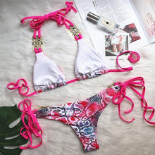 Load image into Gallery viewer, Luxury Purple Halter Crystal Diamond Bikini Female Swimsuit Women Swimwear Rhinestone Bikini Set Bathing Suit Women's Swimwear Rhinestone Halter Low Waist Tie Side Bikini Set 2 Pieces Crystal Diamond Swimsuit