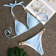 Load image into Gallery viewer, Luxury Purple Halter Crystal Diamond Bikini Female Swimsuit Women Swimwear Rhinestone Bikini Set Bathing Suit Women's Swimwear Rhinestone Halter Low Waist Tie Side Bikini Set 2 Pieces Crystal Diamond Swimsuit