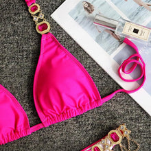 Load image into Gallery viewer, Luxury Purple Halter Crystal Diamond Bikini Female Swimsuit Women Swimwear Rhinestone Bikini Set Bathing Suit Women's Swimwear Rhinestone Halter Low Waist Tie Side Bikini Set 2 Pieces Crystal Diamond Swimsuit