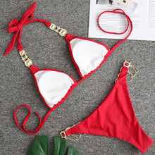 Load image into Gallery viewer, Luxury Purple Halter Crystal Diamond Bikini Female Swimsuit Women Swimwear Rhinestone Bikini Set Bathing Suit Women's Swimwear Rhinestone Halter Low Waist Tie Side Bikini Set 2 Pieces Crystal Diamond Swimsuit
