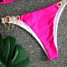 Load image into Gallery viewer, Luxury Purple Halter Crystal Diamond Bikini Female Swimsuit Women Swimwear Rhinestone Bikini Set Bathing Suit Women's Swimwear Rhinestone Halter Low Waist Tie Side Bikini Set 2 Pieces Crystal Diamond Swimsuit