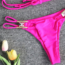 Load image into Gallery viewer, Luxury Purple Halter Crystal Diamond Bikini Female Swimsuit Women Swimwear Rhinestone Bikini Set Bathing Suit Women's Swimwear Rhinestone Halter Low Waist Tie Side Bikini Set 2 Pieces Crystal Diamond Swimsuit