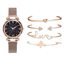 Load image into Gallery viewer, Luxury Rose Gold Starry Sky Dial Watches Women Crystal Bracelet Quartz Wrist Watch 5 PCS Set Women Ladies Watches Starry Sky Magnet Buckle Dial Diamond Cutting Mesh Straps Bracelet Wristwatch