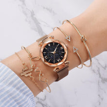 Load image into Gallery viewer, Luxury Rose Gold Starry Sky Dial Watches Women Crystal Bracelet Quartz Wrist Watch 5 PCS Set Women Ladies Watches Starry Sky Magnet Buckle Dial Diamond Cutting Mesh Straps Bracelet Wristwatch
