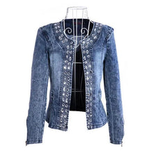Load image into Gallery viewer, Luxury Spring Fashionable Women Denim Jacket Slim Zipper Casual Short Sequins Outerwear Ladies Vintage Crystal Biker