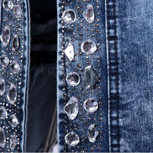 Load image into Gallery viewer, Luxury Spring Fashionable Women Denim Jacket Slim Zipper Casual Short Sequins Outerwear Ladies Vintage Crystal Biker