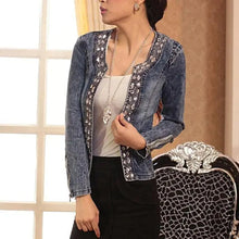 Load image into Gallery viewer, Luxury Spring Fashionable Women Denim Jacket Slim Zipper Casual Short Sequins Outerwear Ladies Vintage Crystal Biker