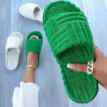 Load image into Gallery viewer, Luxury Thick Sole Women Slippers Green Flat Outwear Slides Summer Autumn Runway Flip Flops Comfy Slippers Cute Fur Slip-on Shoes Memory Foam House Slipper