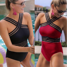 Load image into Gallery viewer, Luxury Women Black Swimsuits Women High Neck One Piece Swimsuits For Women Mesh Bathing Suits Open Back Swimwear One Piece Swimwear For Lady High Neck Bandage Cross Back Swimming Suit Female Holiday Beachwear