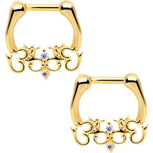Load image into Gallery viewer, 1/4 Clear CZ Gem Gold Tone Anodized Angel Swirl Nipple Clicker Set