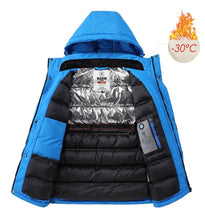 Load image into Gallery viewer, Men Blue Winter Outdoor Jacket New Ski Snow Warm Jacket Coat New Design Stylish Men's Breathable Jacket Comfortable Casual Hooded Waterproof Thick Fleece Jackets For Men Detachable Hood Jacket