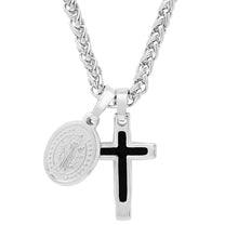 Load image into Gallery viewer, Men Stainless Steel Necklace with Cross and St. Benedict Pendants