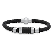 Load image into Gallery viewer, Men's Black Braided Leather, Black Threat and Stainless Steel Bracelet