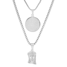 Load image into Gallery viewer, Men's Box Chain Double Row Pendant and Jesus Head Necklace