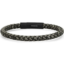 Load image into Gallery viewer, Men's Braided Black/Gray Leather and Black IP Stainless Steel Clasp Bracelet
