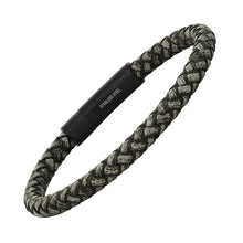 Load image into Gallery viewer, Men's Braided Black/Gray Leather and Black IP Stainless Steel Clasp Bracelet