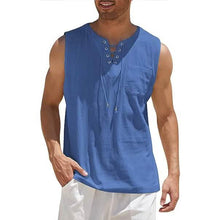 Load image into Gallery viewer, Men's Cotton Linen Tank Top Shirts Casual Sleeveless Lace Up Beach Hippie Tops Bohemian Renaissance Pirate Tunic