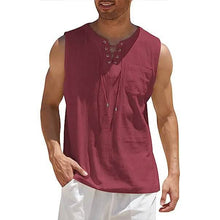 Load image into Gallery viewer, Men's Cotton Linen Tank Top Shirts Casual Sleeveless Lace Up Beach Hippie Tops Bohemian Renaissance Pirate Tunic