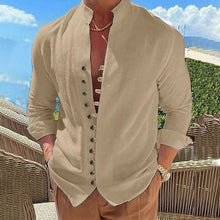 Load image into Gallery viewer, Men's Linen Button Up Shirt Long Sleeve Plain Band Collar