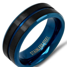 Load image into Gallery viewer, Men's Two Tone Black and Blue IP Stainless Steel Band Ring
