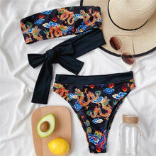 Load image into Gallery viewer, Modern Blue High Waist Bikini Push Up Swimwear Women Dragon Printed Bikini Set Retro Swimsuit Women's High Waist Bikini Swimsuits Twist Push Up Two Piece Bathing Suits Tummy Control Swimwear