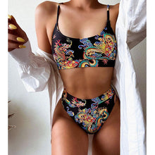 Load image into Gallery viewer, Modern Blue High Waist Bikini Push Up Swimwear Women Dragon Printed Bikini Set Retro Swimsuit Women's High Waist Bikini Swimsuits Twist Push Up Two Piece Bathing Suits Tummy Control Swimwear