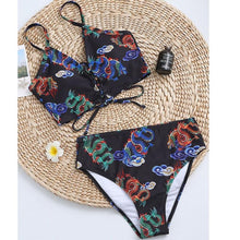 Load image into Gallery viewer, Modern Blue High Waist Bikini Push Up Swimwear Women Dragon Printed Bikini Set Retro Swimsuit Women's High Waist Bikini Swimsuits Twist Push Up Two Piece Bathing Suits Tummy Control Swimwear
