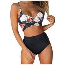 Load image into Gallery viewer, Modern Floral Bikini 2 Pieces Flower Print Bikini Set Women Crisscross High Waist String 2 Piece Bathing Suits High Waist Women's Swimsuit Shorts Solid Bikini Floral Summer Bikini Set
