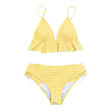 Load image into Gallery viewer, Modern Yellow Mid-waist Women Bikinis Set Swimwear Women's Bathing Suits Ruffles Bikini Sets Low Rise Two Piece Swimsuit Women Swimsuits Bathing Suit Women Yellow Ruffled Beachwear Bikini