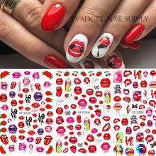 Load image into Gallery viewer, Nail Art Stickers Red Lips Nails Decals Sticker Hot Sexy Girl Tip Back Glue Decal Cool Lollipop Self Adhesive Acrylic Tips Tool Decoration White Feather Lace Flower Leaf Carving Design Exquisite Pattern Nail Art Supplies Self-Adhesive Nail
