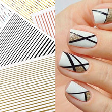 Load image into Gallery viewer, Nail Strip Stickers Black Gold Rose Gold Silver Metal Strip Tape Nail Art Adhesive Foil Tips Nail Sticker Decals Metallic Curve Strip Line Nail Decal Self-Adhesive 3D Wave Design Decoration for Women Girls Tape Nail Art Stickers Decal Decoration