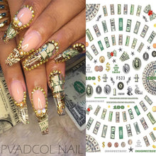 Load image into Gallery viewer, Nails Sticker Money Dollar Wealthy Rich Style Nail Art Stickers Decals Manicure Tip Decal Self Adhesive Acrylic Tips Tool Acrylic Engraved Nail Sticker Nail Art Decoration Self-Adhesive Nail Art Decoration French Black and White Lace Retro Flower