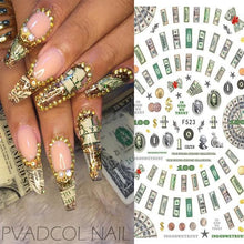Load image into Gallery viewer, Nails Sticker Money Dollar Wealthy Rich Style Nail Art Stickers Decals Manicure Tip Decal Self Adhesive Acrylic Tips Tool Acrylic Engraved Nail Sticker Nail Art Decoration Self-Adhesive Nail Art Decoration French Black and White Lace Retro Flower