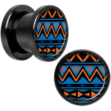 Load image into Gallery viewer, Blue Orange Tribal Print Black Anodized Screw Fit Plug Set 00G