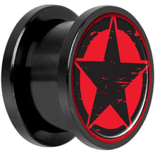 Load image into Gallery viewer, Black Red Distressed Star Black Anodized Screw Fit Plug Set 9/16
