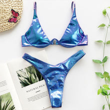 Load image into Gallery viewer, Neon V-bar Underwired Bikini Female Ribbed Swimsuit Women Swimwear Two-pieces Bikini set Push up Bathing Suit