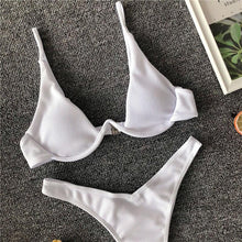 Load image into Gallery viewer, Neon V-bar Underwired Bikini Female Ribbed Swimsuit Women Swimwear Two-pieces Bikini set Push up Bathing Suit