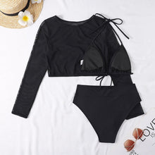 Load image into Gallery viewer, Neon Yellow Crop Top Swimwear Women Summer 3 Pieces Swimsuit Bikini Sets With Sheer Crop Top Cover Up Beachwear Mesh Long Sleeve Cover Ups Top Three Piece Swimsuit Bikini Set