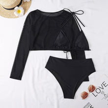 Load image into Gallery viewer, Neon Yellow Crop Top Swimwear Women Summer 3 Pieces Swimsuit Bikini Sets With Sheer Crop Top Cover Up Beachwear Mesh Long Sleeve Cover Ups Top Three Piece Swimsuit Bikini Set